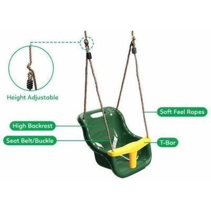 Adjustable green baby swing seat with ropes for toddlers, perfect for home playground.