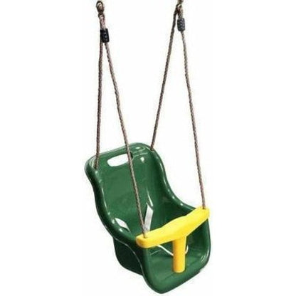 Adjustable green swing seat with ropes for toddlers, perfect for backyard playtime fun.