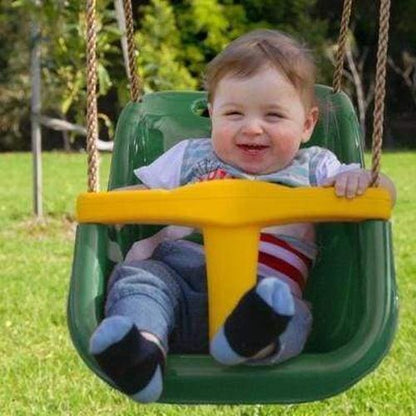 Adjustable rope baby swing seat in green for toddlers, ideal for indoor/outdoor play.