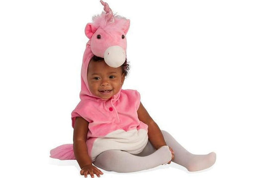 Adorable baby unicorn furry costume in white and pink for kids imaginative play at home.