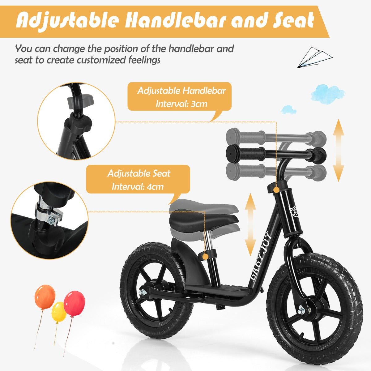 Discovering Joy: Kids Black Balance Bike with Customizable Handlebar and Seat