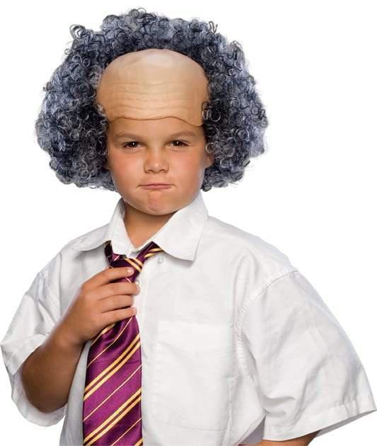 Kids bald wig with grey curls, perfect for funny costumes and imaginative play at home.