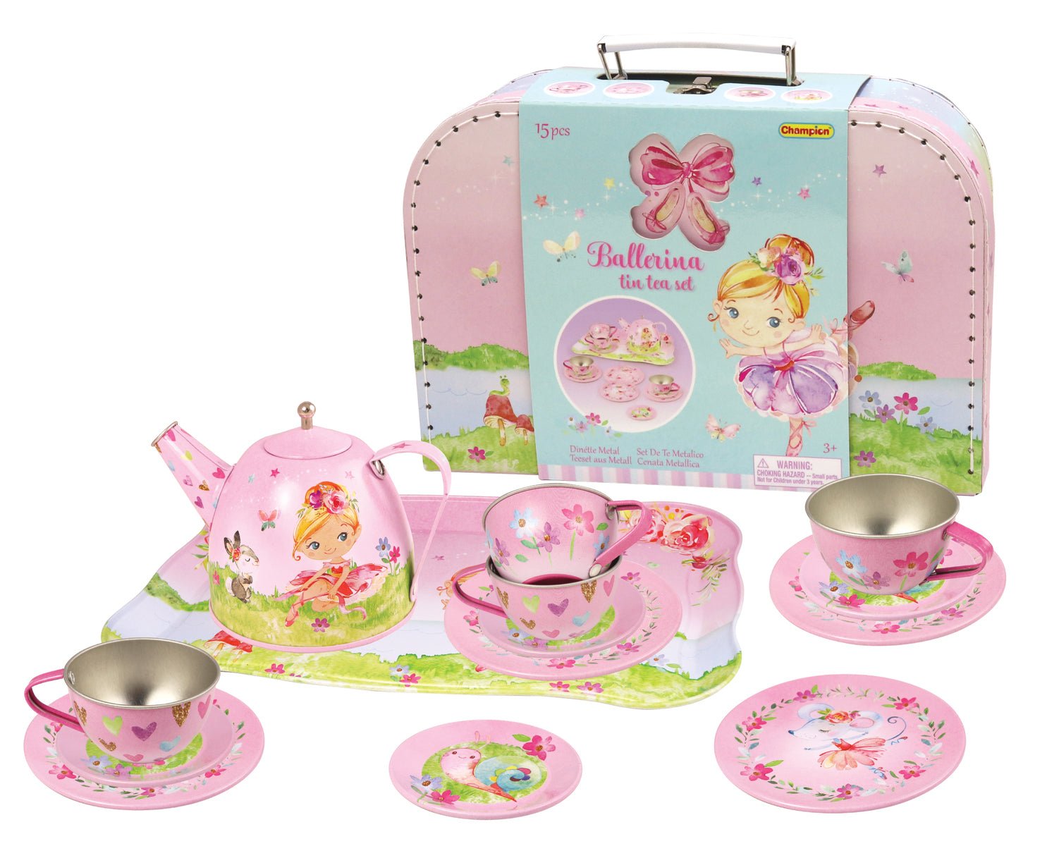 Pink Ballerina Tin Tea Set in Suitcase - Perfect Pretend Play Set for Kids.