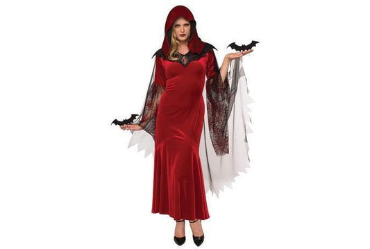 Bat Mistress Halloween costume with cape and hood for spooky home dress-up fun.