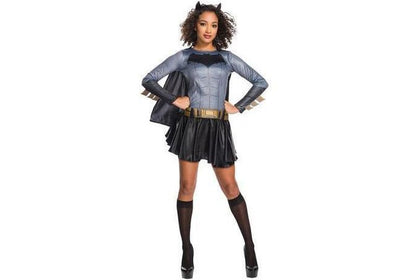 Batgirl DC Comics adult costume with cape and accessories for playful dress-up at home.