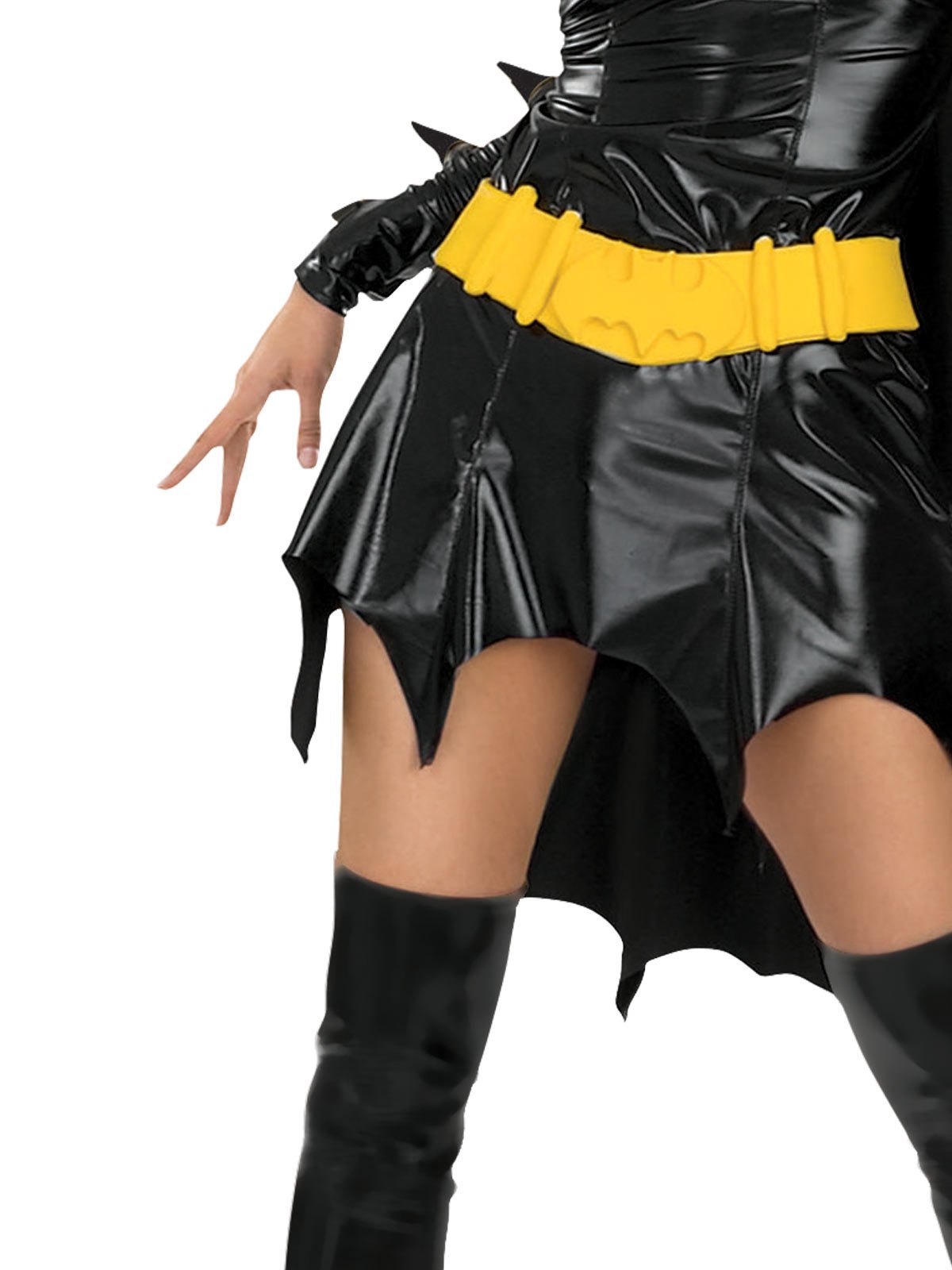 Batgirl DC Comics costume for adults with dress, cape, and boot tops. Perfect for themed parties.