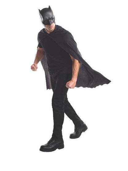 Batman cape and mask set for adults, perfect for DC Comics costume parties at home.