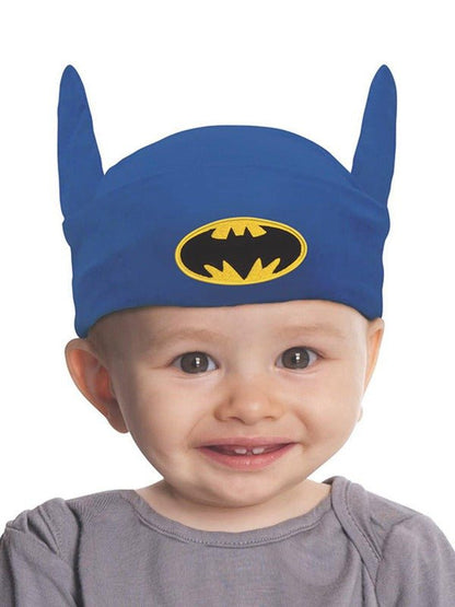 Batman infant romper costume set for ages 6-12 months, perfect for dress-up play at home.