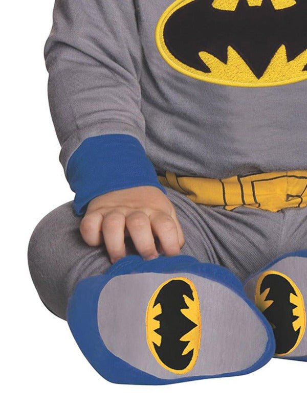 Batman infant romper costume set with iconic DC Comics design for imaginative play.