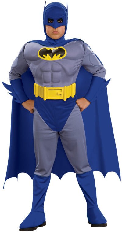 Kids Batman costume with muscle chest detail, perfect for at-home dress-up play.