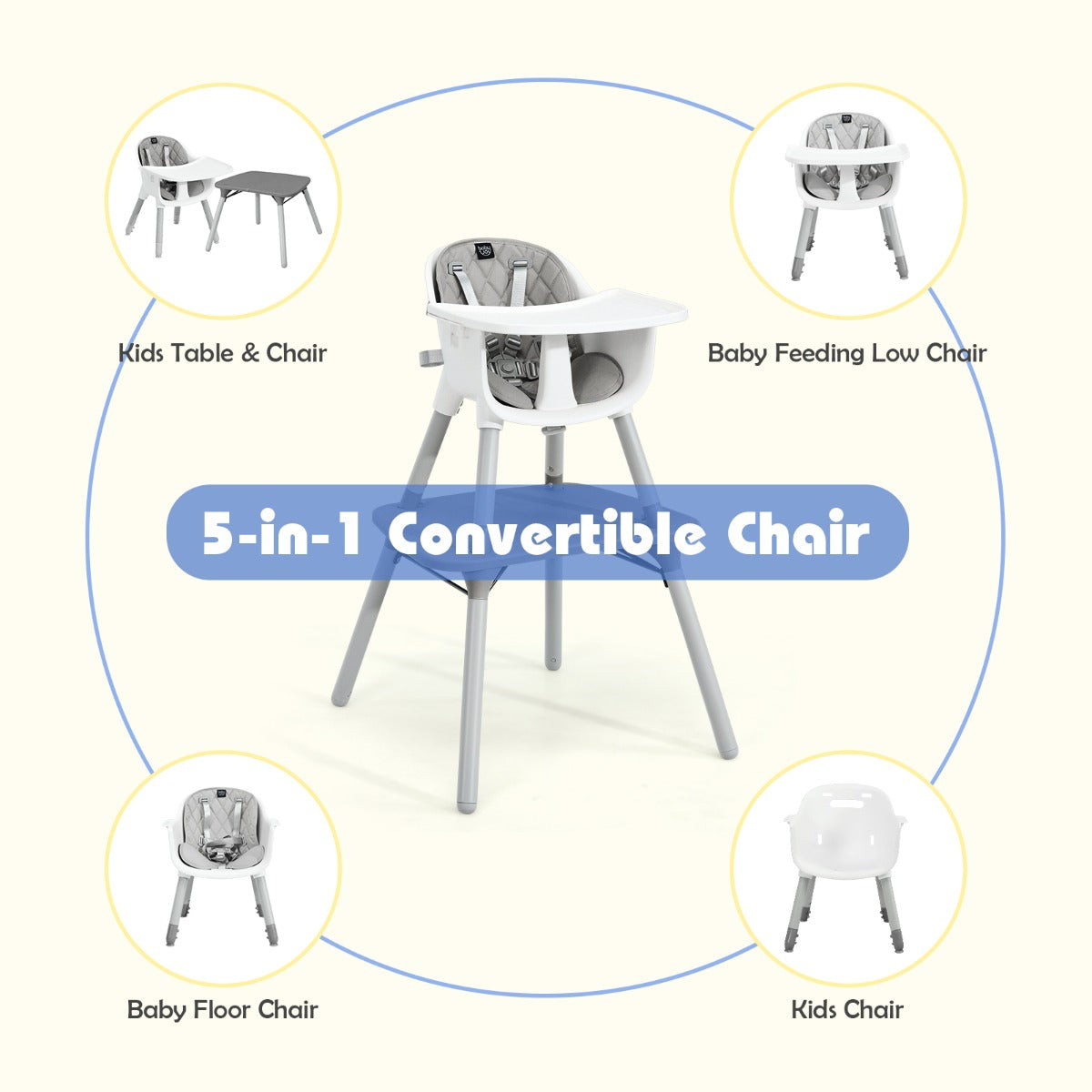 5 in 1 Convertible Baby Highchair in Grey with Harness, ideal for versatile child seating.