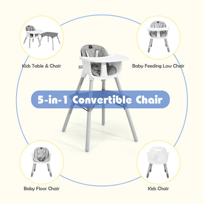 5 in 1 Convertible Baby Highchair in Grey with Harness, ideal for versatile child seating.