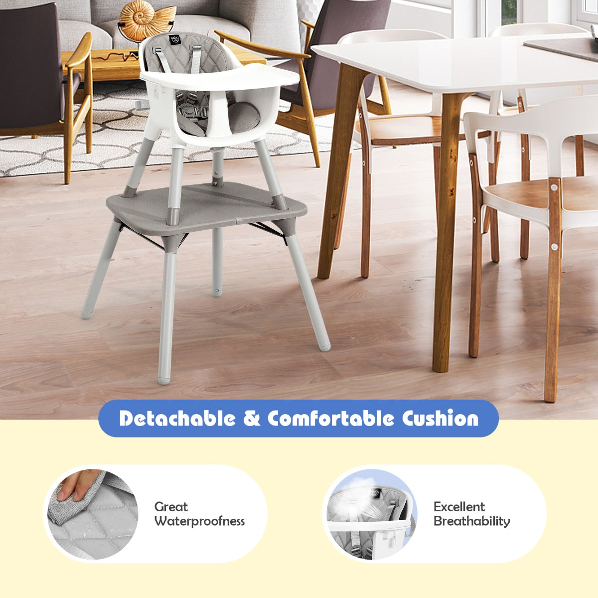 Convertible baby highchair in grey with harness - versatile 5-in-1 design for home use.