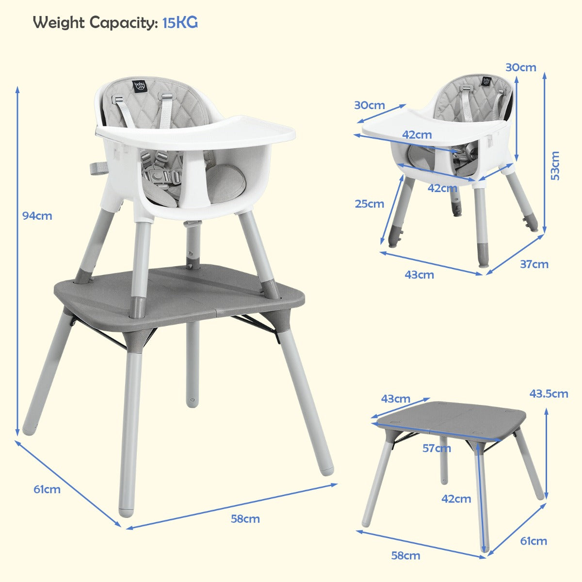 5 in 1 Convertible Baby Highchair in Grey with Harness - Versatile and safe seating solution