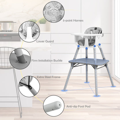 5-in-1 Grey Baby Highchair with Harness, versatile and safe for feeding infants and toddlers.