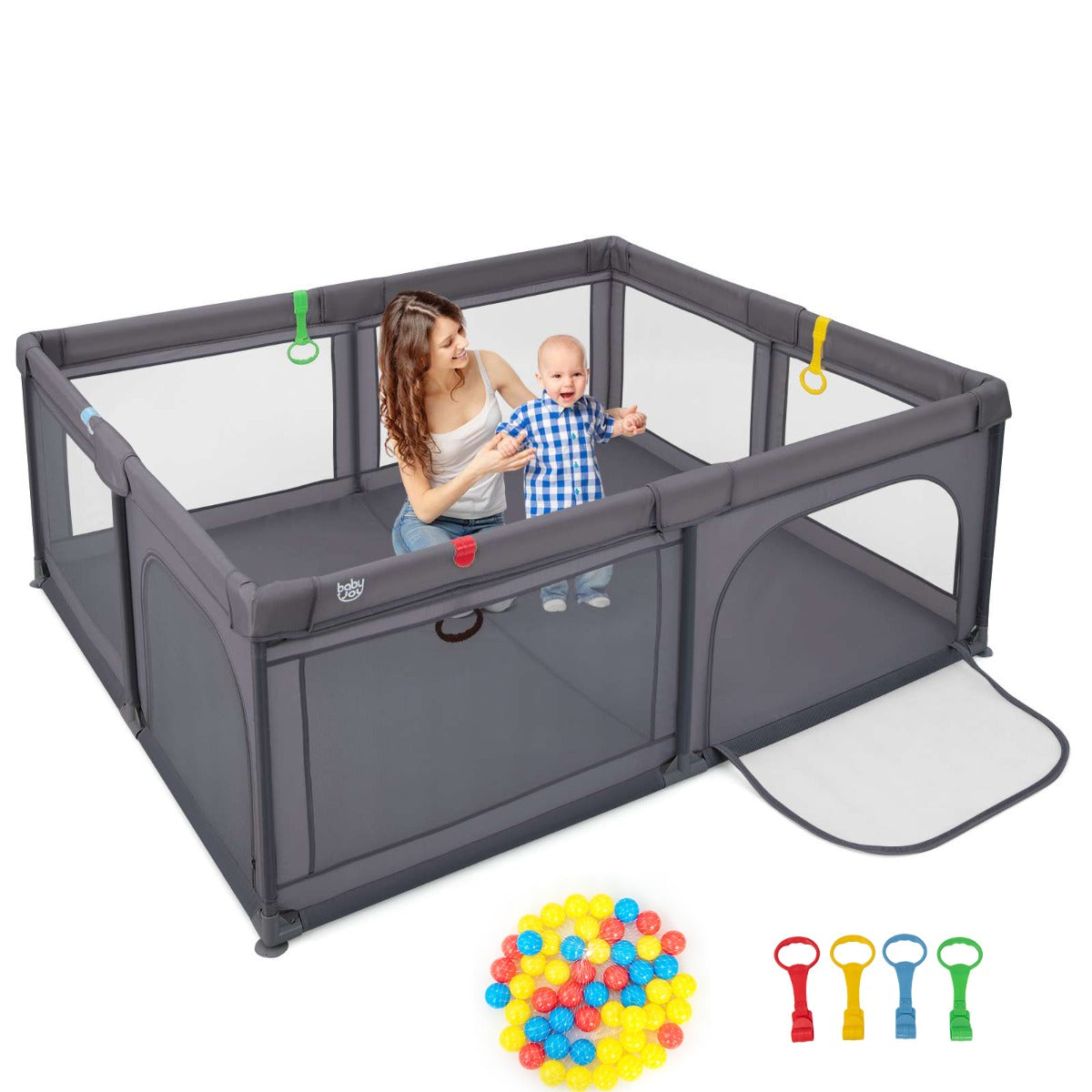 Dark grey baby playpen with ocean balls and pull rings, perfect for safe indoor play.