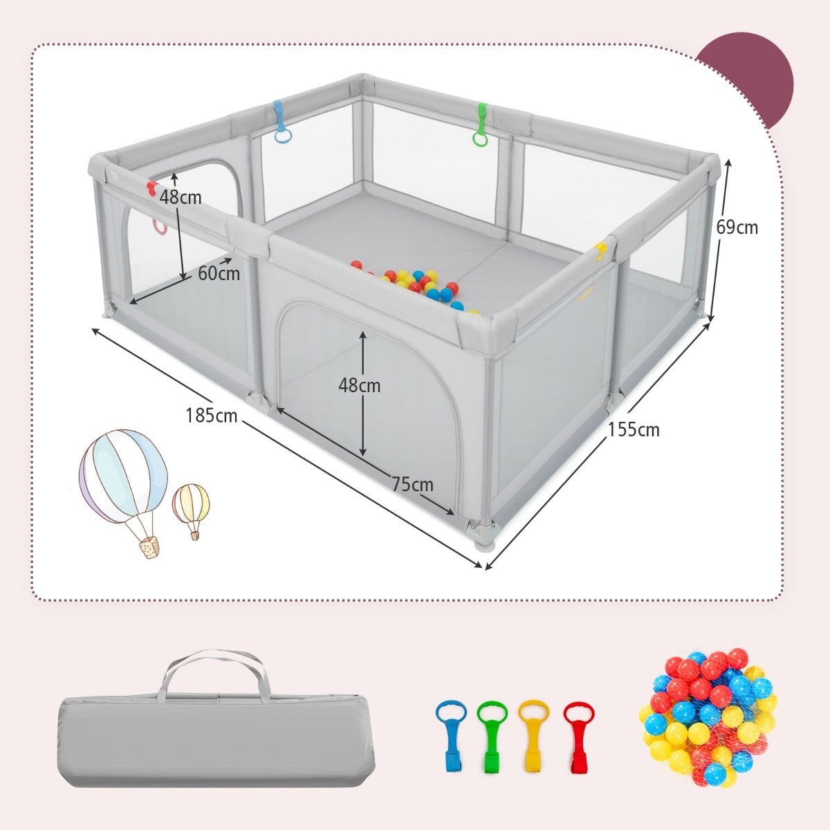 Portable baby playpen with ocean balls for safe indoor play area, ideal for children.