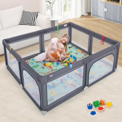 Portable playpen with ocean balls and pull rings for childrens fun and safety at home.