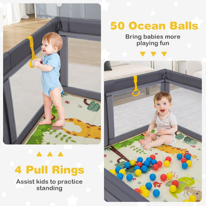 Dark grey portable baby playpen with ocean balls and pull rings for interactive fun.