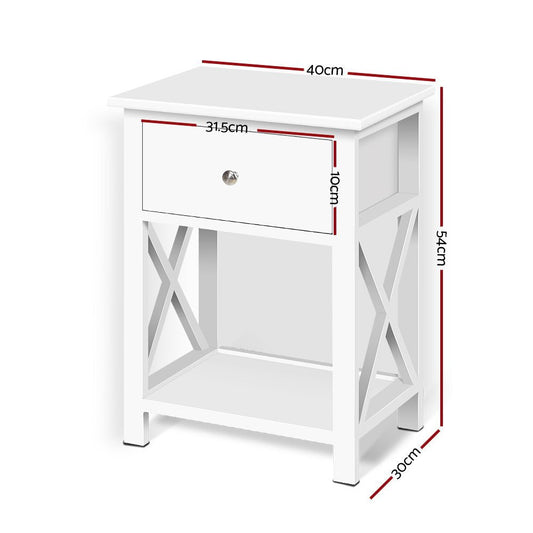 Kids white wooden bedside table with drawer and shelf for bedroom storage solution.