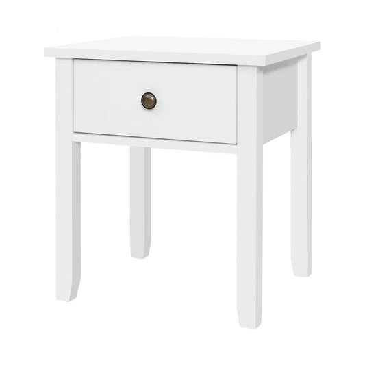 White bedside table with drawer for kids bedrooms, stylish and functional storage solution.