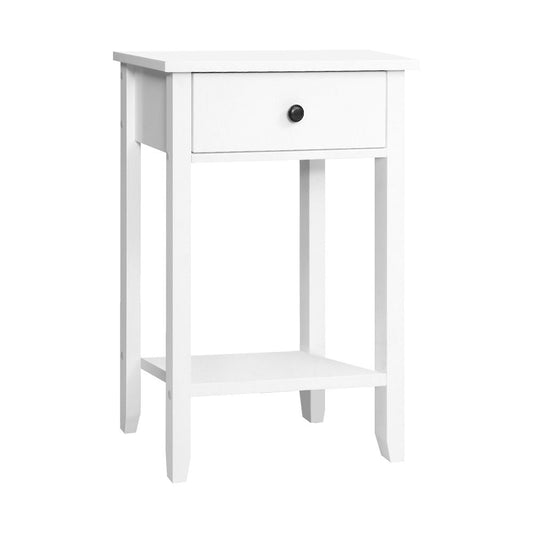 Kids white nightstand with drawer and shelf storage for bedside essentials and decor.