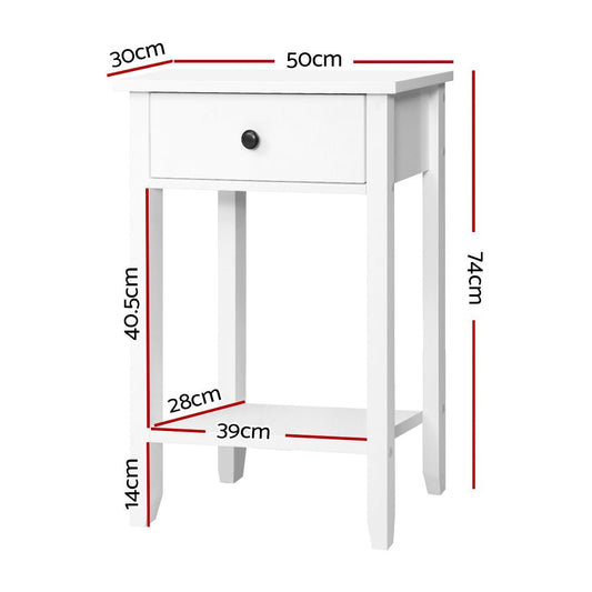 White nightstand with drawer and shelf, perfect for childrens bedside storage solution.