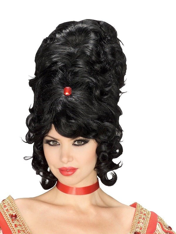 Adult black beehive wig in retro 1960s style for costume parties and dress-up fun.