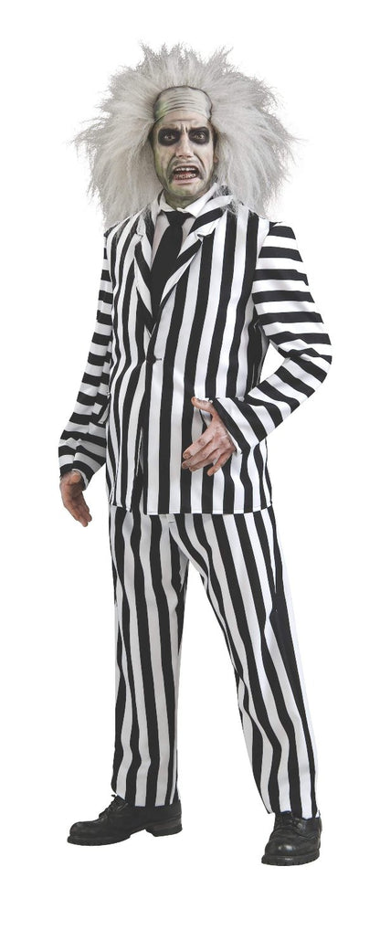 Beetlejuice Adult Striped Costume, a licensed, vibrant option for Halloween fun at home.