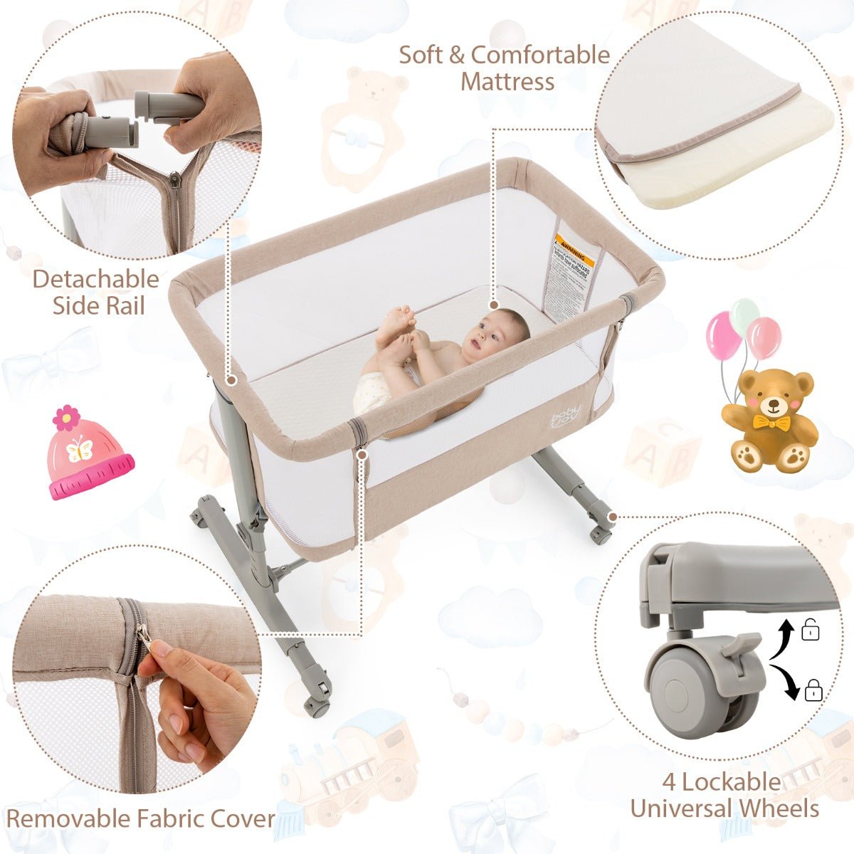 Beige Nursery Bedside Cot