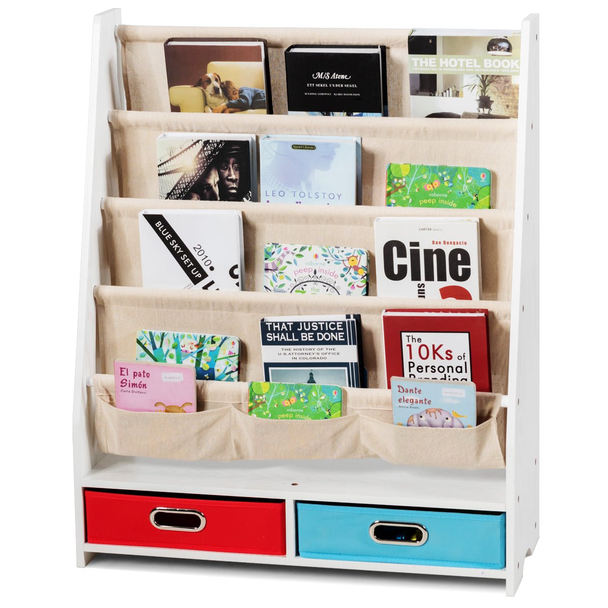 Beige Wood Book Stand - 2 Storage Boxes, Organize Your Library