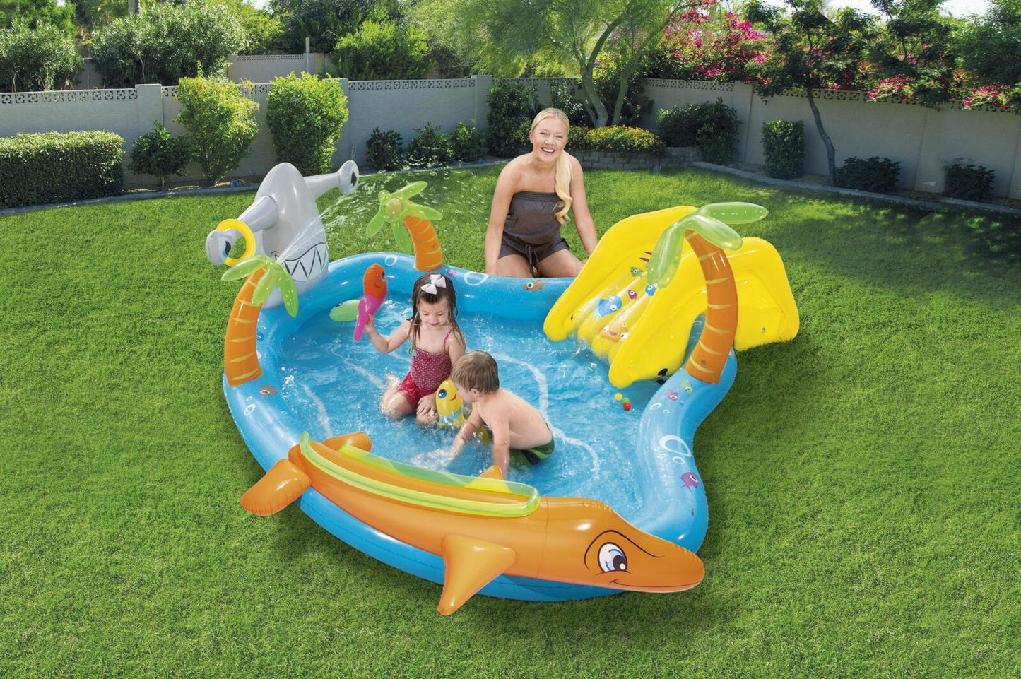 Inflatable Sea Life Water Fun Park Pool with Slide for kids play at home.