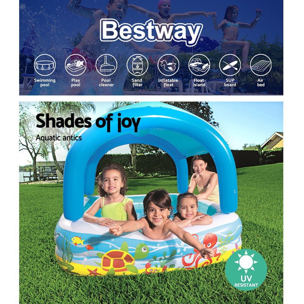 Inflatable Canopy Swimming Pool ideal for kids, with shade canopy for sun protection.