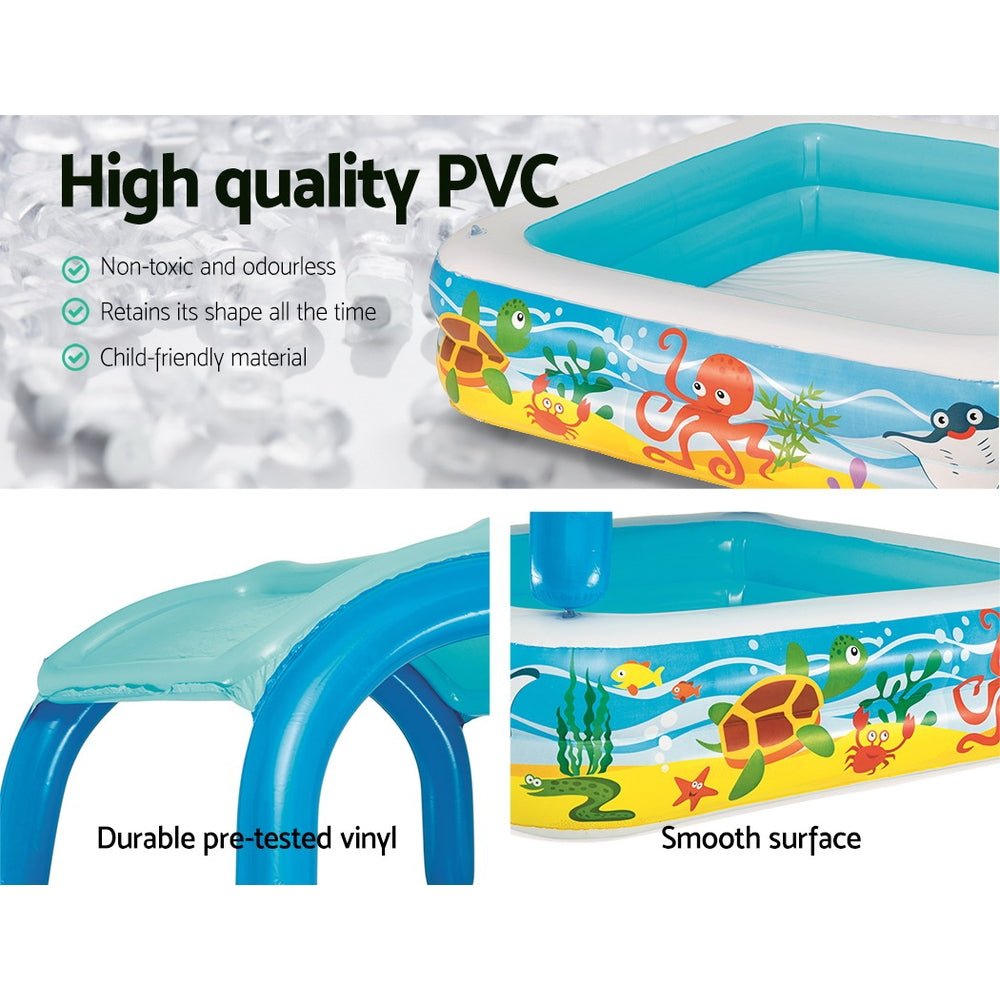 Inflatable canopy pool for kids with sunshade, perfect for backyard fun and relaxation.