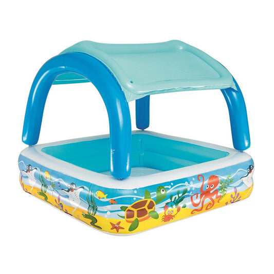 Inflatable canopy swimming pool for kids, perfect for backyard family fun in the sun.