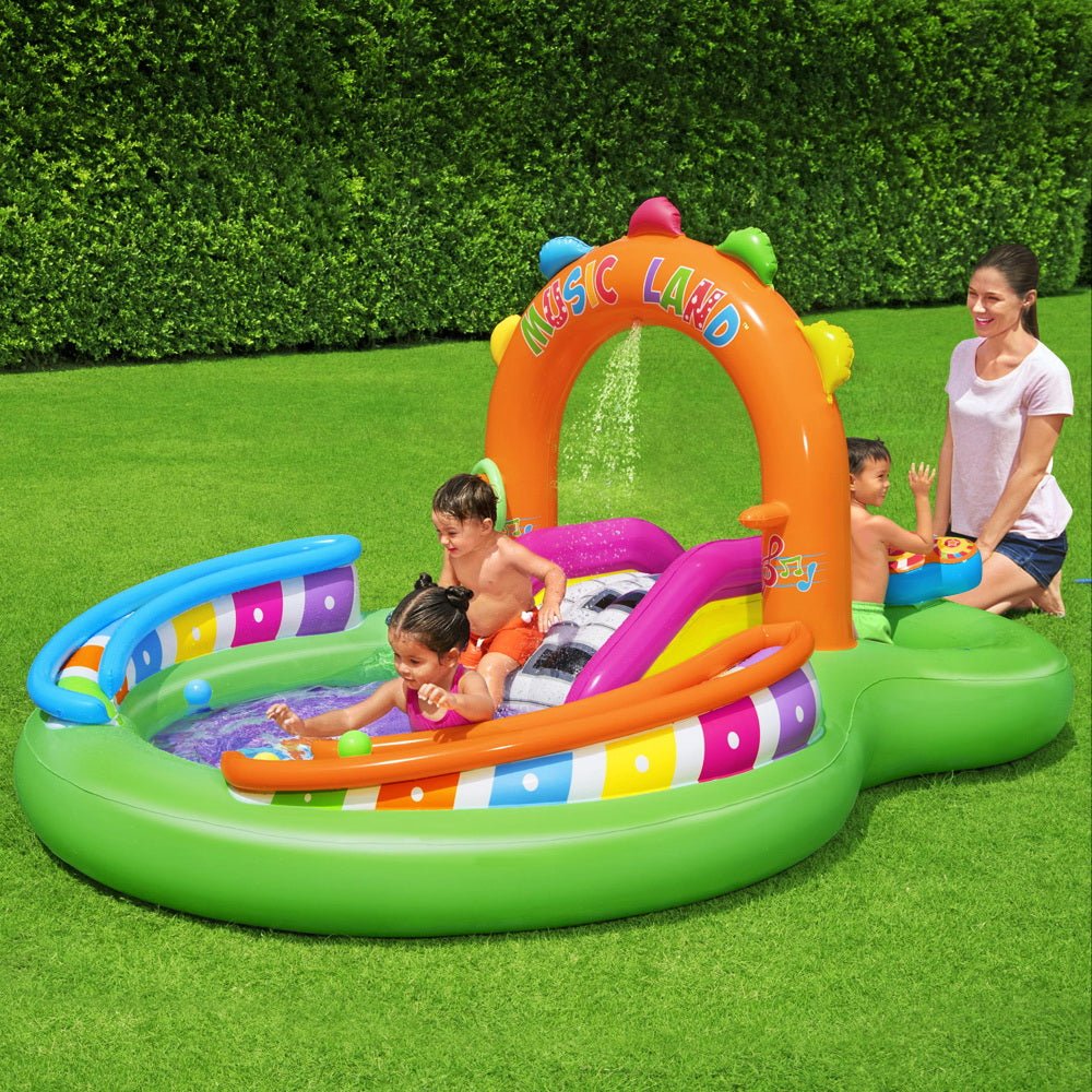 Colorful Bestway Inflatable Sing n Splash Play Pool for backyard fun and water play.