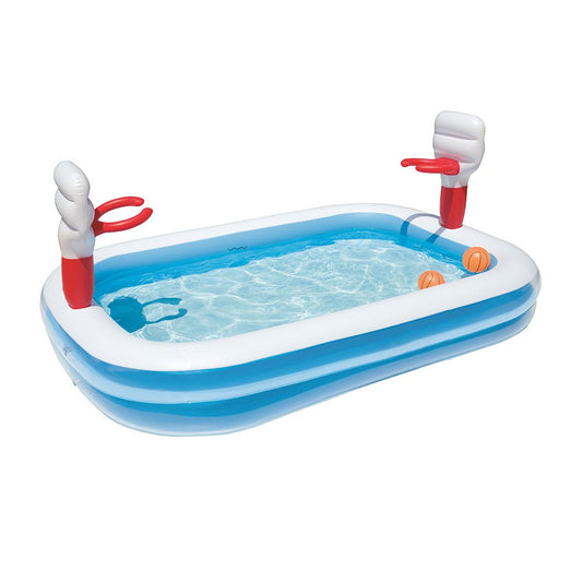 Inflatable swimming pool with basketball hoops for fun and active play at home.