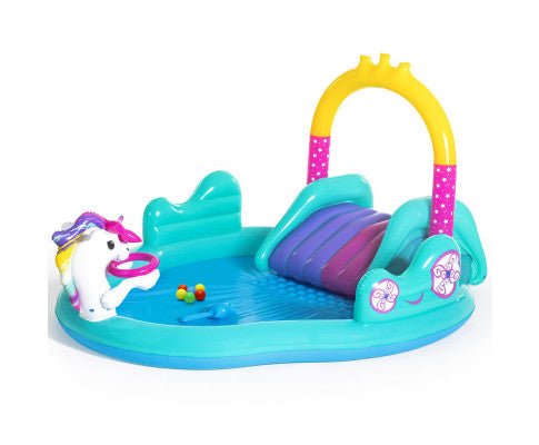 Inflatable unicorn pool with slide for fun backyard play, perfect for kids summer enjoyment.