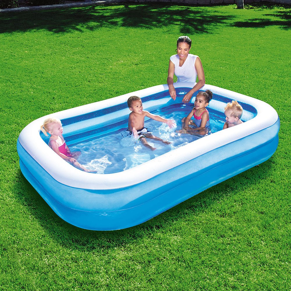 Alt text | Colorful inflatable pool designed for kids, perfect for backyard summer fun. Bestway brand.