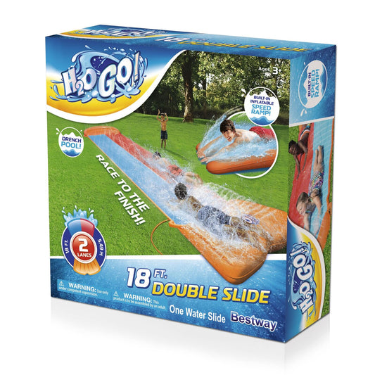 Double water slide with ramp for backyard fun, Bestway Kids H2OGO, 18 feet long.