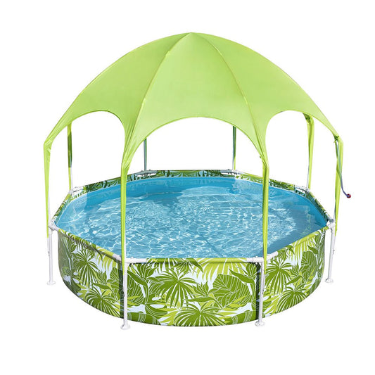 Kids pool with steel frame, canopy, and capacity of 1688L for backyard summer fun.