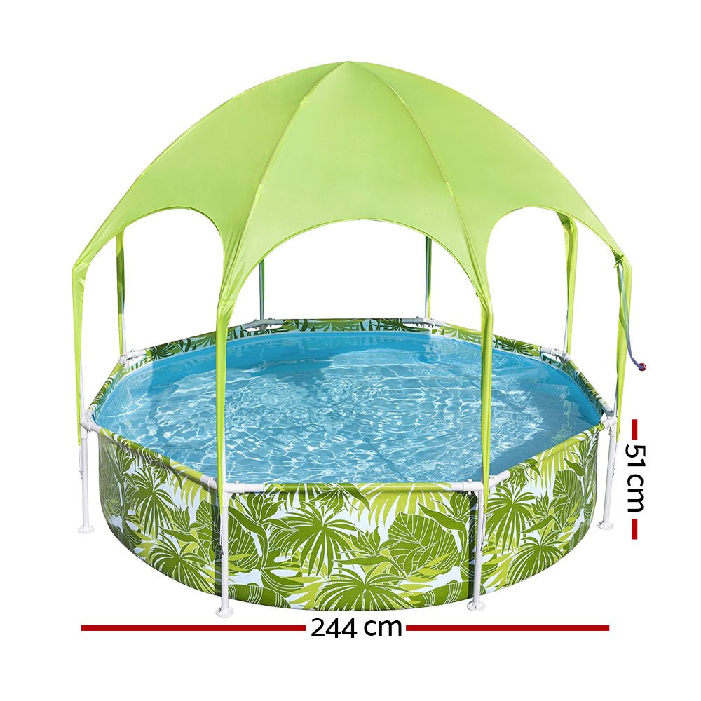 Kids pool with canopy, durable steel frame, 244x51cm size, perfect for summer fun at home.