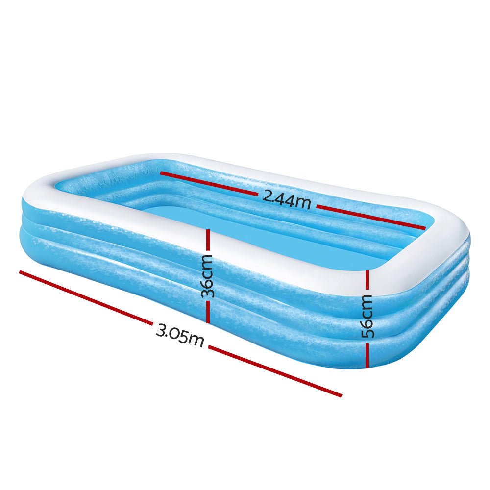 Inflatable kids pool for backyard fun, measuring 305x183x56cm with 1161L capacity.