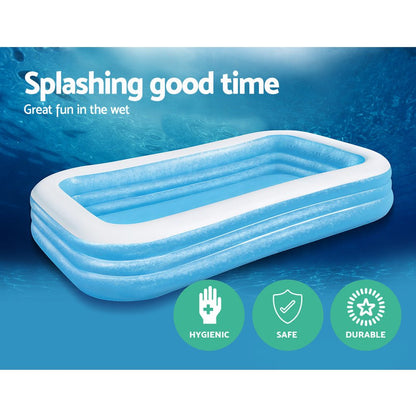 Inflatable kids pool, 305x183x56cm with 1161L capacity, ideal for at-home swimming fun.