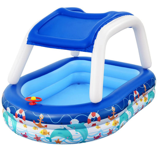 Kids pool with canopy sunshade for fun and safe water play at home.