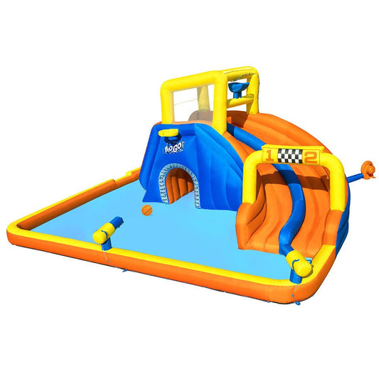 Inflatable water park with slide and pool for childrens backyard fun and entertainment.