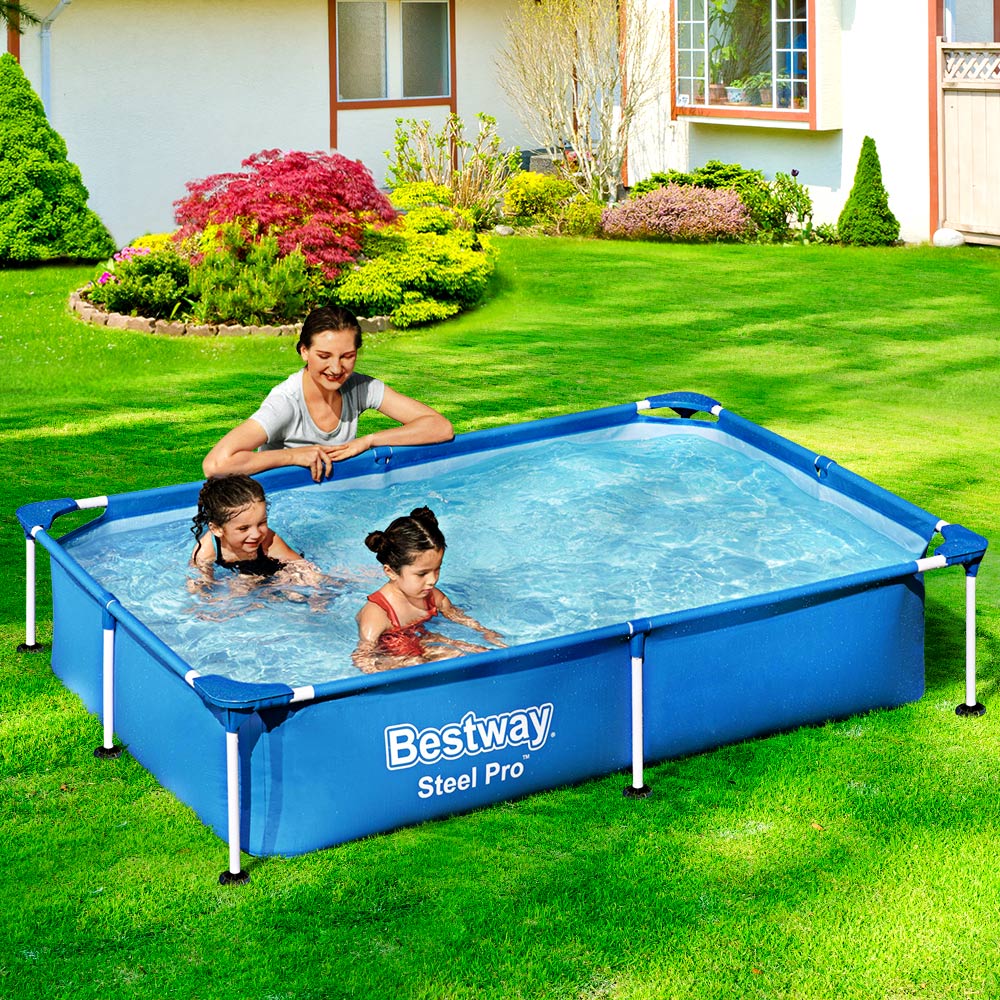 Above ground Bestway Steel Frame Swimming Pool, 221x150x43cm, 1200L capacity for childrens summer fun.