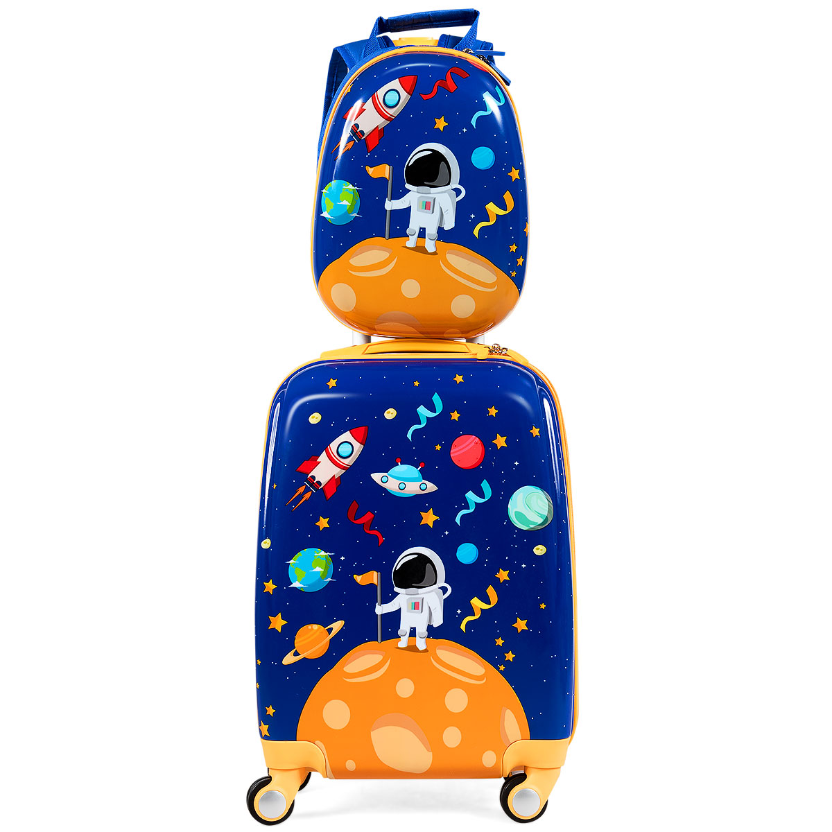 Kids astronaut luggage set with backpack, ideal for travel, featuring 4-wheel rolling suitcase.