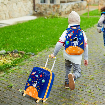 Kids astronaut luggage set | 4-wheel rolling suitcase and backpack for adventurous travels at home.