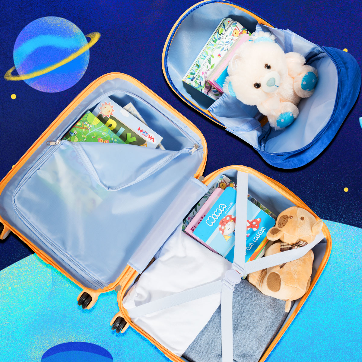 Kids astronaut luggage set with rolling suitcase and backpack for exciting travel adventures.